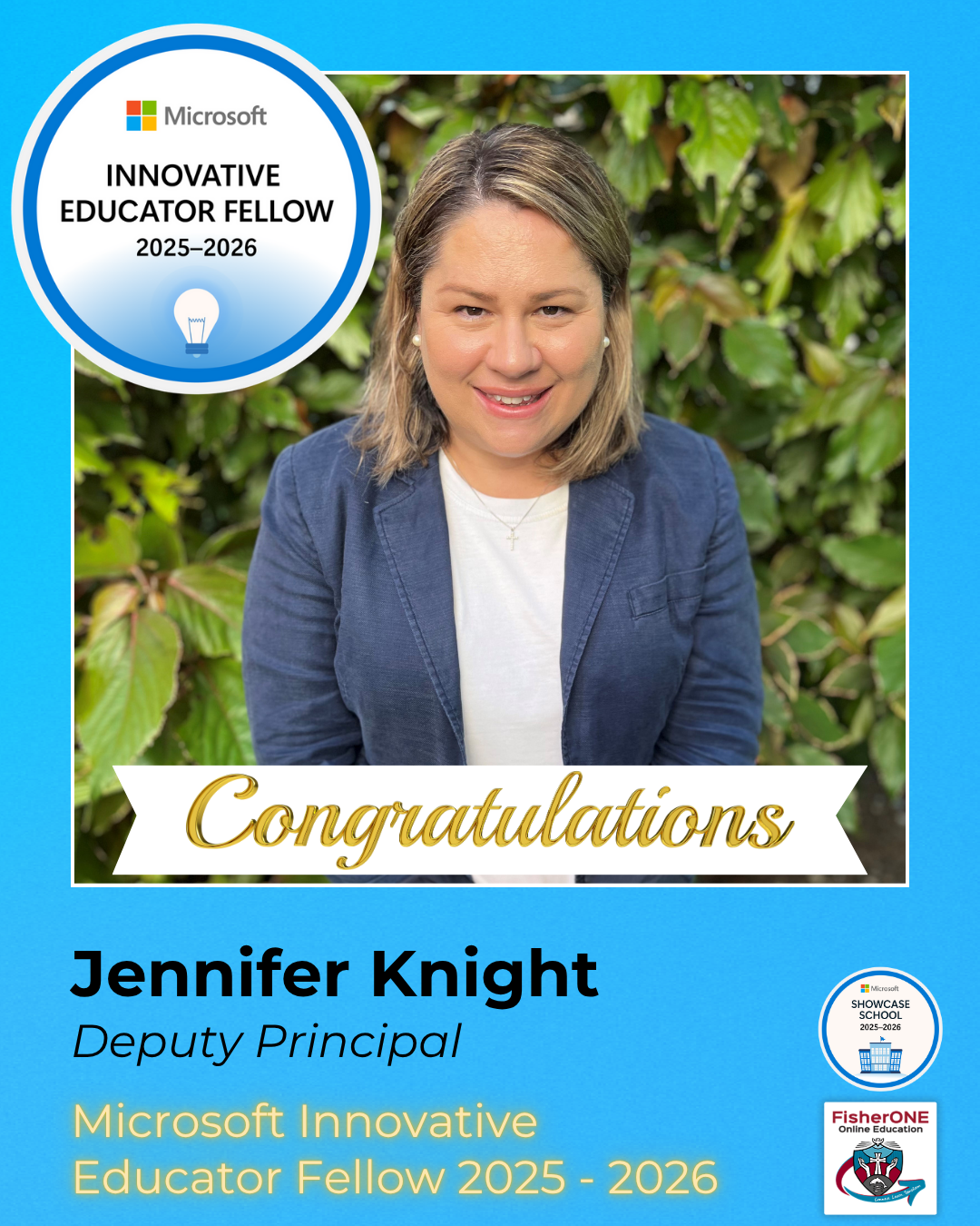 Graphic congratulating Jennifer Knight as a Microsoft Innovative Educator Fellow for 2025–2026.